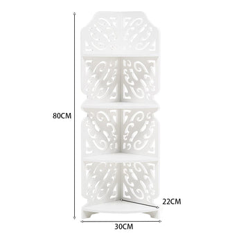 White 4-tier corner stand dimensions: 80 cm high, 30 cm wide, 22 cm deep.