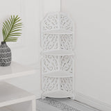 White 4-tier corner display stand with ornate cutouts and tiered shelves.