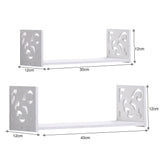 Set of 2 U-shaped floating wall shelves, white; sizes 30cm & 40cm, height 12cm