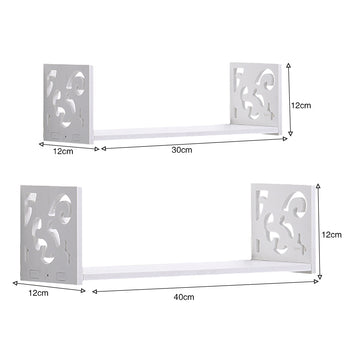 Set of 2 U-shaped floating wall shelves, white; sizes 30cm & 40cm, height 12cm