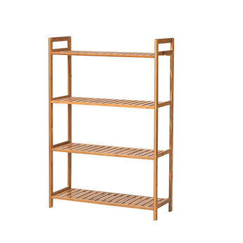 Bamboo wood 4-tier book storage shelf with open sides and slatted shelves