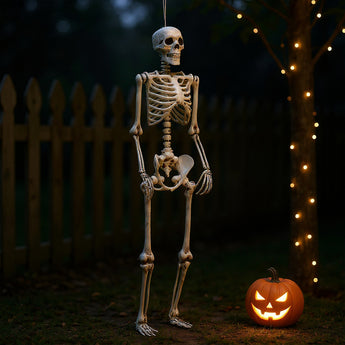 Halloween standing skeleton prop with poseable joints, arms hanging; white articulated frame