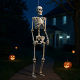 Halloween full-body poseable skeleton prop; white articulated frame with raised head