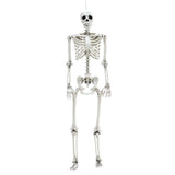 White full-body skeleton prop with poseable joints; skull and ribs centered