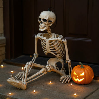 Posable skeleton prop with skull head and ribcage, posed on its side.