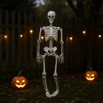 Realistic hanging skeleton prop with open ribcage and articulated joints.