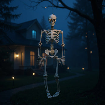 Full body realistic skeleton decoration with posable joints, hanging by a cord.