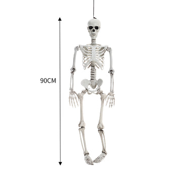 Skeleton decoration size shown: 90 cm hanging realistic full body figure.