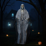 Hanging skeleton ghost decoration with red eyes, chain links, gray shroud