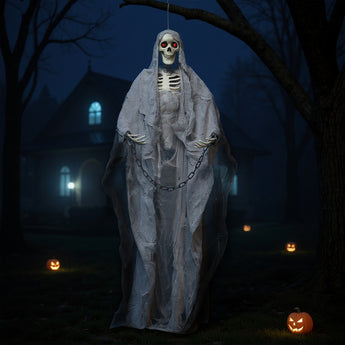 Hanging skeleton ghost decoration with red eyes, chain links, gray shroud