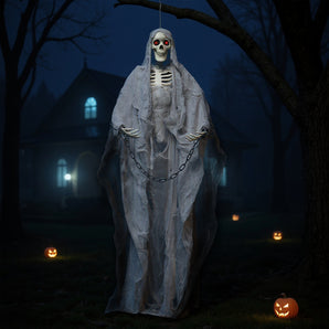 Hanging skeleton ghost decoration with red eyes, chain links, gray shroud
