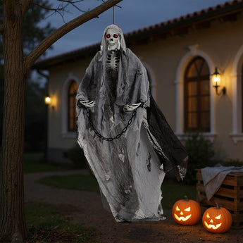 Hanging skeleton ghost with long gray hooded fabric, ribcage details, red eyes