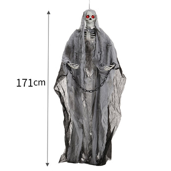 Skeleton ghost hanging height 171 cm, gray hooded shroud, red eyes