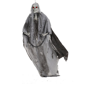Hanging skeleton ghost with gray tattered robe, black chain belt, red eyes