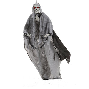 Hanging skeleton ghost with gray tattered robe, black chain belt, red eyes