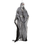 Full view of hanging Halloween skeleton ghost, gray hooded sheet, red eyes