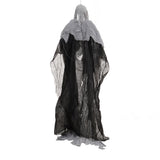 Back view of hanging skeleton ghost robe, gray hood with black inner fabric