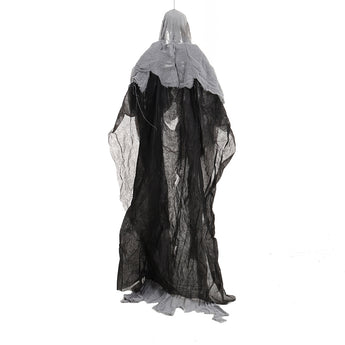 Back view of hanging skeleton ghost robe, gray hood with black inner fabric
