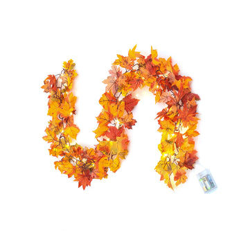 Maple leaf garland with warm LED string, orange-red leaves and small control box
