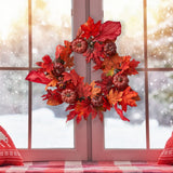 Künstlicher Herbstkranz mit Ahornblättern, Beeren und warmen LED-Lichtern, rot-orange