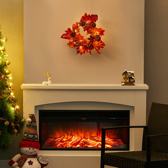 Künstlicher Herbstkranz mit Ahornblättern, Beeren und LED-Lichterkette, rot-orange