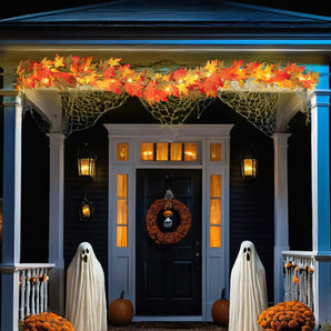 2 m maple leaf garland with warm string lights, orange and yellow leaves over the doorway