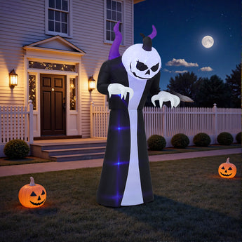 Halloween aufblasbarer Geist mit LED-Licht, schwarz-weißes Design und leuchtendem Kürbisgesicht