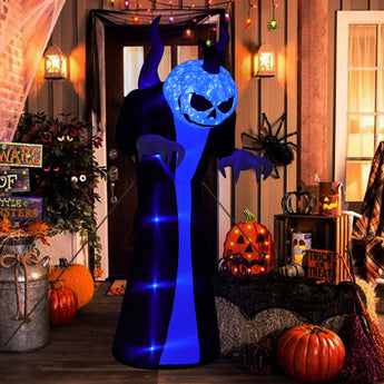 Aufblasbarer Halloween-Geist mit LED, Kürbisgesicht leuchtet blau, schwarze Robe
