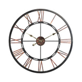 Close-up of vintage-style Roman numeral wall clock, black ring and bronze center