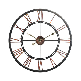 Close-up of vintage-style Roman numeral wall clock, black ring and bronze center