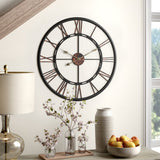 Large wall clock with Roman numeral-style dial, black frame and bronze-brown hands