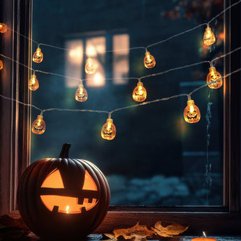 Kürbis-LED-Lichterkette für Halloween: gelbe, leuchtende Kürbis-Glühbirnen am Draht