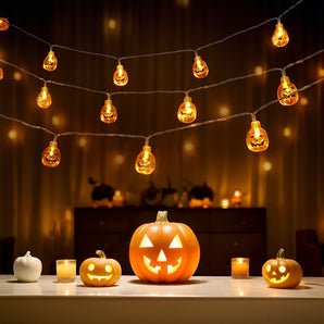 Halloween-LED-Lichterkette: orange Kürbis-Glühbirnen am Draht, batteriebetrieben