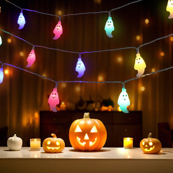 Glowing Halloween LED ghost string lights with multicolor ghost figures on hanging cord