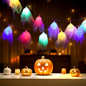 20 LED skull lights string, glowing multicolor fabric skulls for Halloween