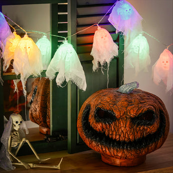 Glowing LED skull lights on string with pastel colors, Halloween décor