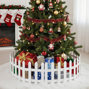 White wooden Christmas picket fence ring for tabletop tree display