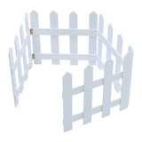 White wooden Christmas picket fence corner with side crossbar and gold hinge