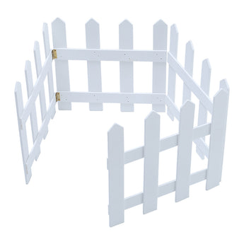White wooden Christmas picket fence corner with side crossbar and gold hinge