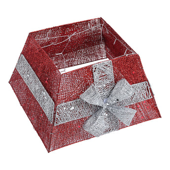 Red and silver glitter Christmas tree collar basket decor with wired bow