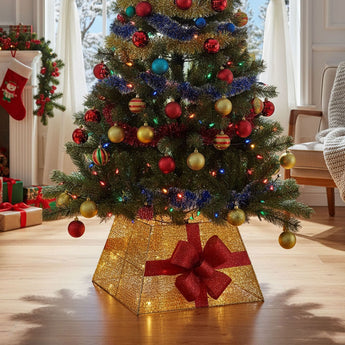 Gold Christmas tree collar basket with large red bow, lit with warm lights