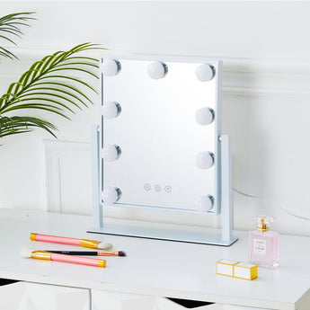 LED lighted vanity mirror with 14 bulbs, white frame, tabletop