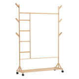 Natural bamboo clothes rack with hanging bar, side hooks, and open lower shelf area