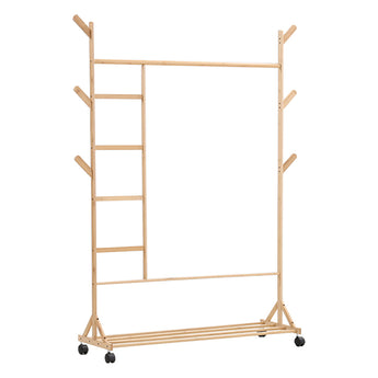 Natural bamboo clothes rack with hanging bar, side hooks, and open lower shelf area