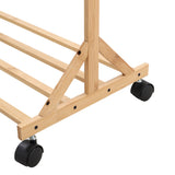 Natural bamboo clothes rack stand base with caster wheels and crossbar support
