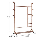 Brown bamboo clothes rack with dimensions shown: 155 cm tall, 100 cm wide