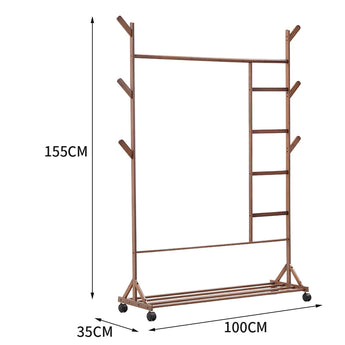Brown bamboo clothes rack with dimensions shown: 155 cm tall, 100 cm wide