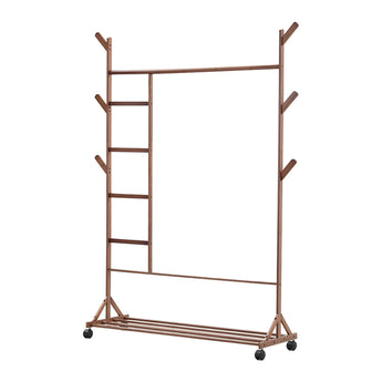 Brown bamboo clothes rack with hanging bar, side hooks, and lower shelf on casters