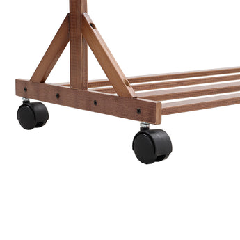 Brown bamboo clothes rack base with two caster wheels and reinforced lower bar
