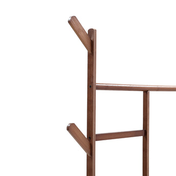 Brown bamboo clothes rack stand frame with side hooks and vertical support bars
